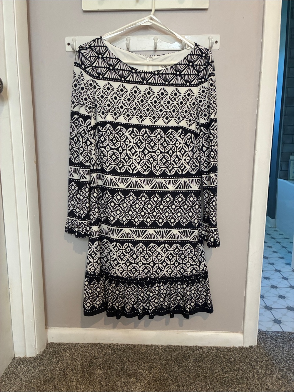 Eliza J Black and White Long Sleeve Patterned Dress